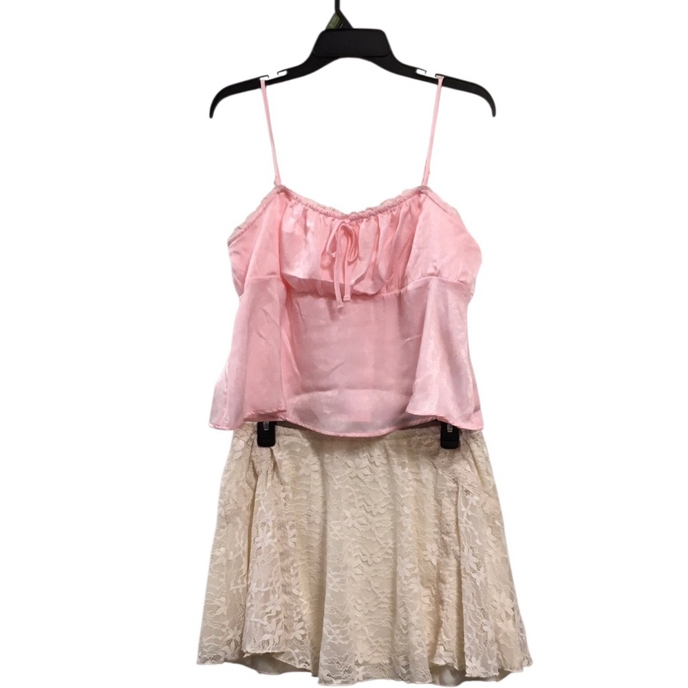 Pink Satin Cami with Cream Lace Skirt Two-Piece Set